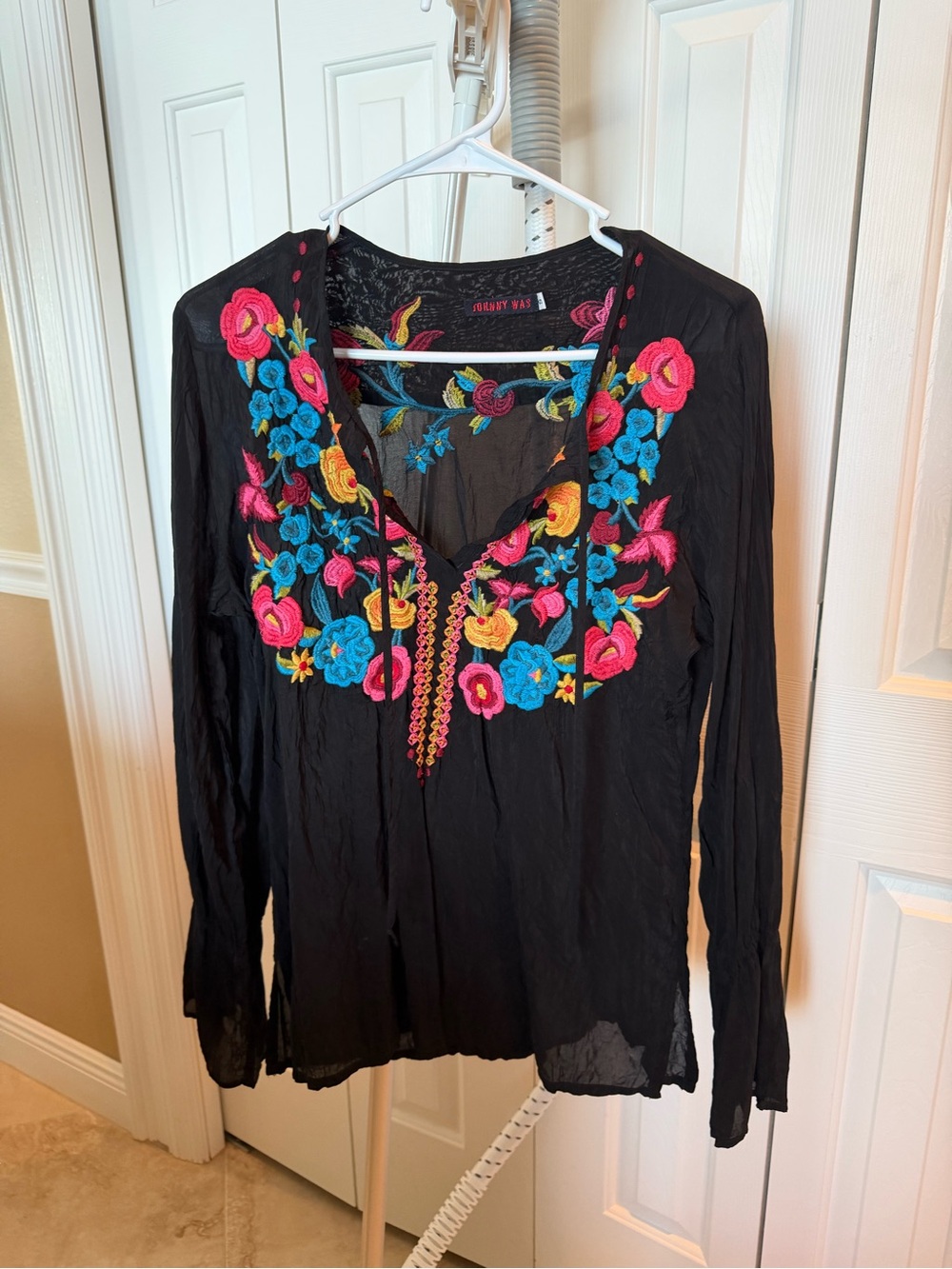 Johnny Was Black Embroidered V-Neck Tunic with Bright Floral Detail